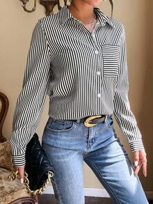 SHEIN LUNE 休閒前紐扣 口袋條紋女士襯衫 - 黑與白 - 查看 3