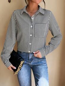 SHEIN LUNE 休閒前紐扣 口袋條紋女士襯衫 - 黑與白 - 查看 4