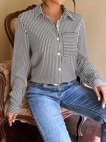 SHEIN LUNE 休閒前紐扣 口袋條紋女士襯衫 - 黑與白 - 查看 5