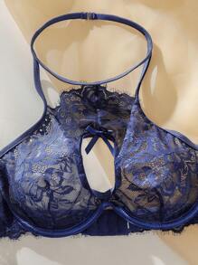 SHEIN Classic Sexy con encaje floral con aro Set de lencería con 1 par Anillo de pierna - Azul Marino - Ver 3