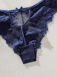 SHEIN Classic Sexy con encaje floral con aro Set de lencería con 1 par Anillo de pierna - Azul Marino - Ver 5