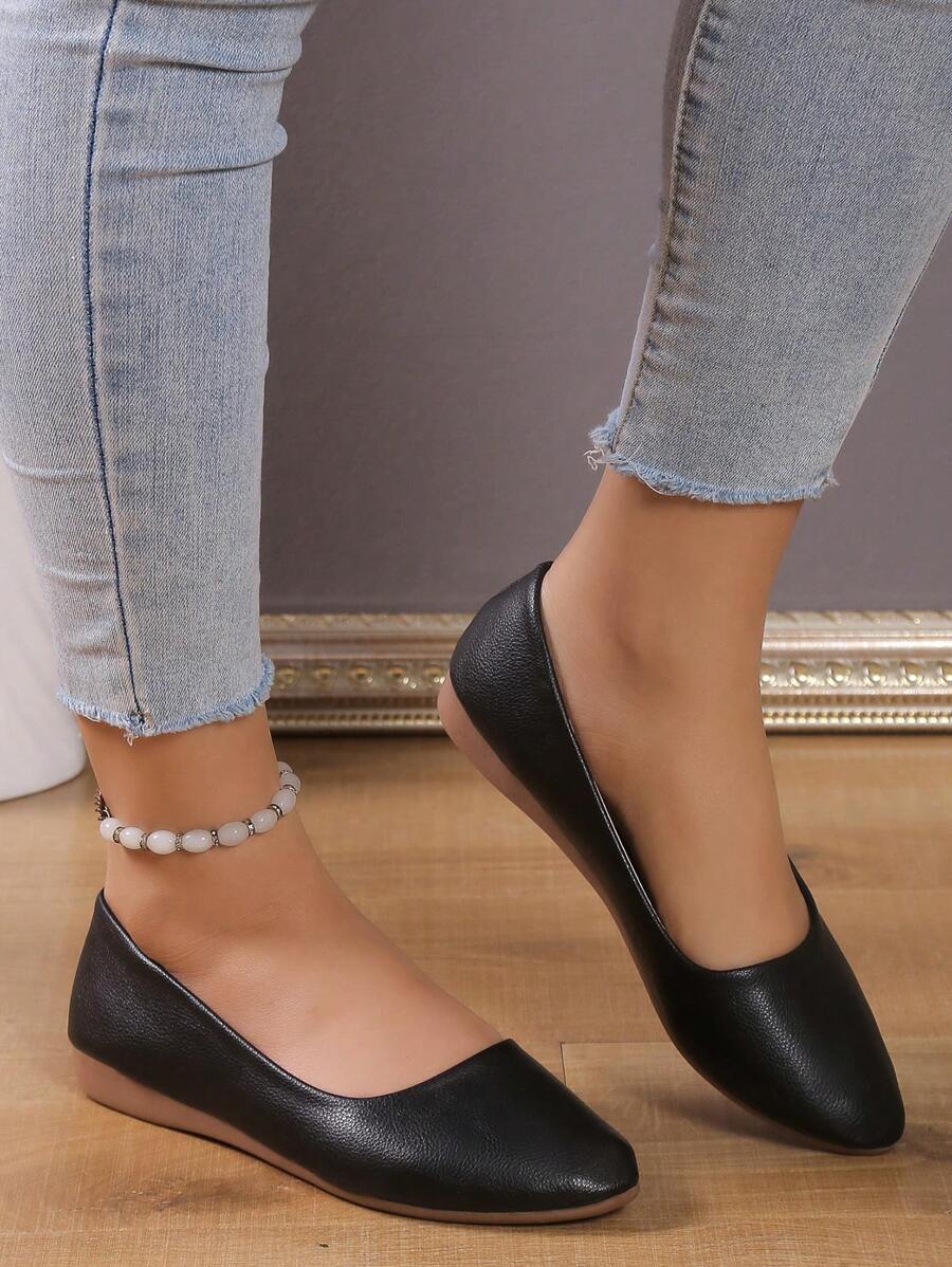 Chaussures plates à bout carré en PU noir pour femmes, avec tige basse, parfaites pour le travail et le port au quotidien en automne avec un talon bas et confortable - Noir - Voir 1