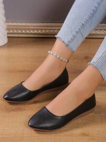 Chaussures plates à bout carré en PU noir pour femmes, avec tige basse, parfaites pour le travail et le port au quotidien en automne avec un talon bas et confortable - Noir - Voir 2