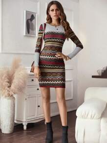 SHEIN Clasi Geo Print Bodycon Dress - Multicolor - View 3