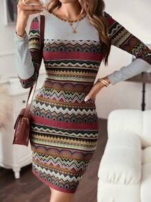 SHEIN Clasi Geo Print Bodycon Dress - Multicolor - View 4
