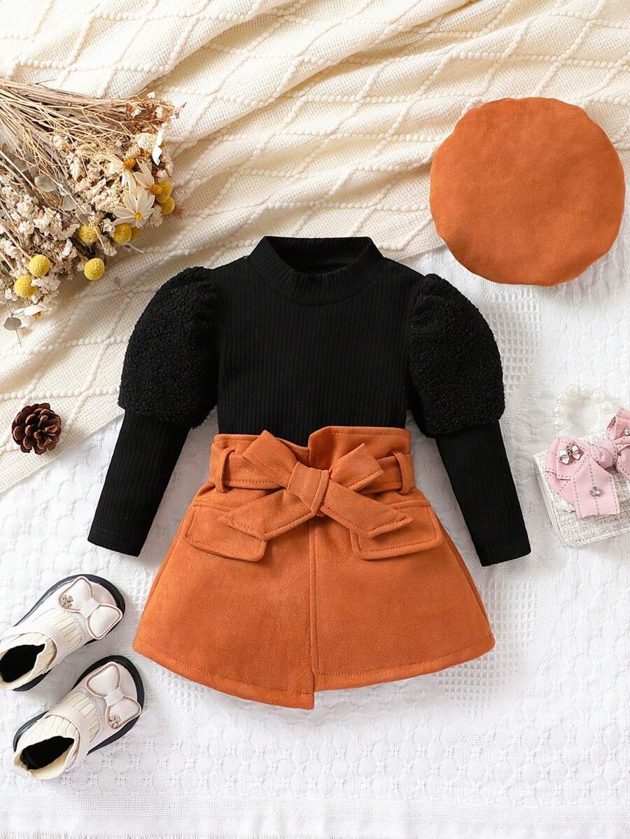 SHEIN Playful Pals Đứa bé gái Cổ giả Tay áo Áo thun & Kiểu thềm Eo Viền không đối xứng Thắt lưng Váy & Mũ - Nhiều màu - Xem 1