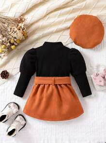 SHEIN Playful Pals Đứa bé gái Cổ giả Tay áo Áo thun & Kiểu thềm Eo Viền không đối xứng Thắt lưng Váy & Mũ - Nhiều màu - Xem 2