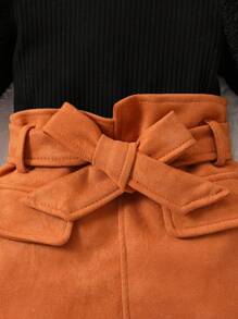 SHEIN Playful Pals Đứa bé gái Cổ giả Tay áo Áo thun & Kiểu thềm Eo Viền không đối xứng Thắt lưng Váy & Mũ - Nhiều màu - Xem 5