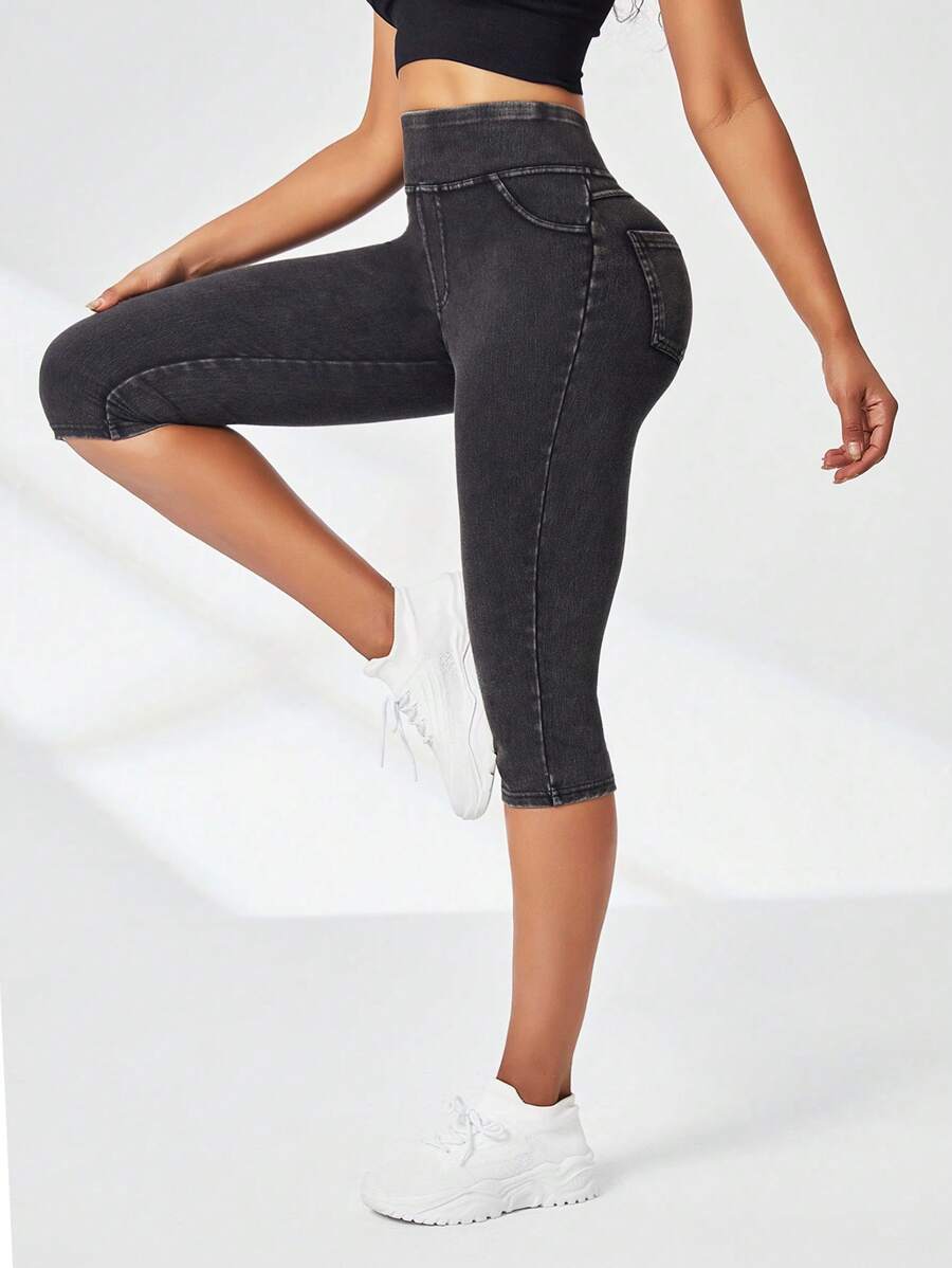 高彈力寬腰帶七分運動打底褲 - 深灰色 - 查看 1