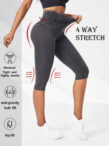 高彈力寬腰帶七分運動打底褲 - 深灰色 - 查看 3