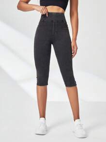 高彈力寬腰帶七分運動打底褲 - 深灰色 - 查看 5