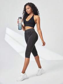 高彈力寬腰帶七分運動打底褲 - 深灰色 - 查看 6