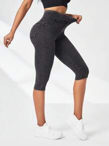 高彈力寬腰帶七分運動打底褲 - 深灰色 - 查看 7