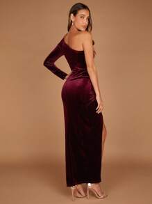 SHEIN Belle One Shoulder Ruched Split Thigh Velvet Dress - Maroon - View 2