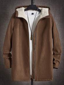 Manfinity VCAY Loose Fit Men's Zip Up Teddy Lined Hooded Jacket Without Tee - Brown - View 1