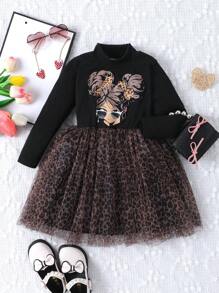 SHEIN Rochie dintr-o singură piesă pentru fetiță, ocazională, minimalistă, distractivă, cu imprimeu leopard, potrivită pentru toamnă și iarnă