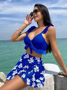 Swim Lushoire 3pcs/Set Random Print Bikini Swimsuit For Beach Vacation - Blue - View 1