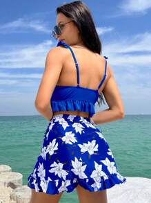 Swim Lushoire 3pcs/Set Random Print Bikini Swimsuit For Beach Vacation - Blue - View 2