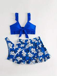 Swim Lushoire 3pcs/Set Random Print Bikini Swimsuit For Beach Vacation - Blue - View 3