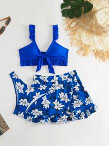 Swim Lushoire 3pcs/Set Random Print Bikini Swimsuit For Beach Vacation - Blue - View 7