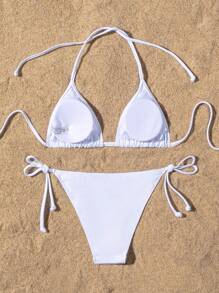 Swim Basics Summer Beach Halter Triangle Tie Side Bikini Set