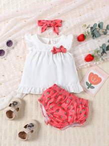 女嬰前蝴蝶結荷葉邊上衣和短褲＆ 頭巾