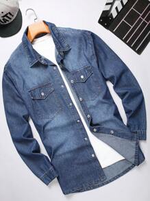 Manfinity Homme 男士大码翻蓋口袋牛仔襯衫不帶T恤 - 深色水洗藍 - 查看 1