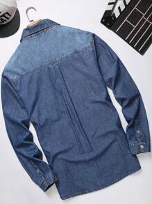 Manfinity Homme 男士大码翻蓋口袋牛仔襯衫不帶T恤 - 深色水洗藍 - 查看 2