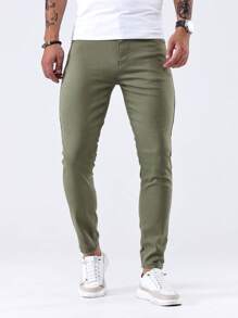 Manfinity Homme Hombres Jeans ajustados unicolor - Verde militar - Ver 1