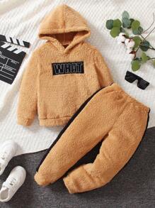 男小童字母刺繡毛絨帽衫&拼接側邊接縫長褲 - 駝色 - 查看 1