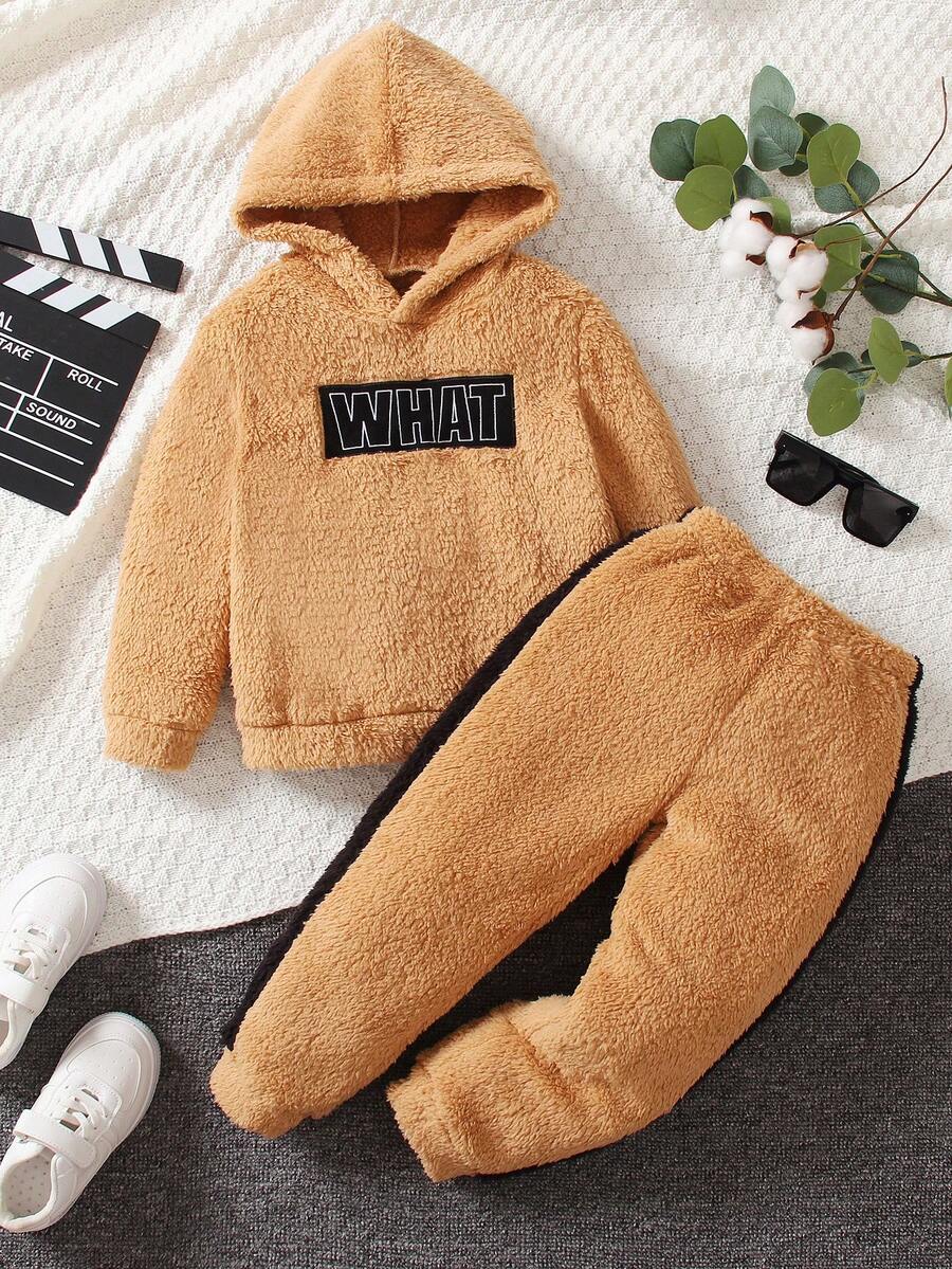 男小童字母刺繡毛絨帽衫&拼接側邊接縫長褲 - 駝色 - 查看 1