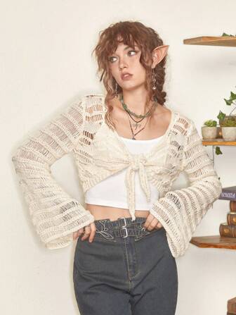 Plus Size Women's Solid Color Long Sleeve Vacation Style Tie Front Cut Out Cardigan