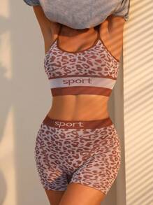 SHEIN 豹紋字母膠帶胸圍和短褲內衣套裝 - 彩色 - 查看 1