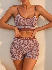 SHEIN 豹紋字母膠帶胸圍和短褲內衣套裝 - 彩色 - 查看 3