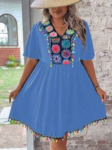 SHEIN Holidaya Plus Floral Print Tassel Trim Batwing Sleeve Dress - Blue - View 3