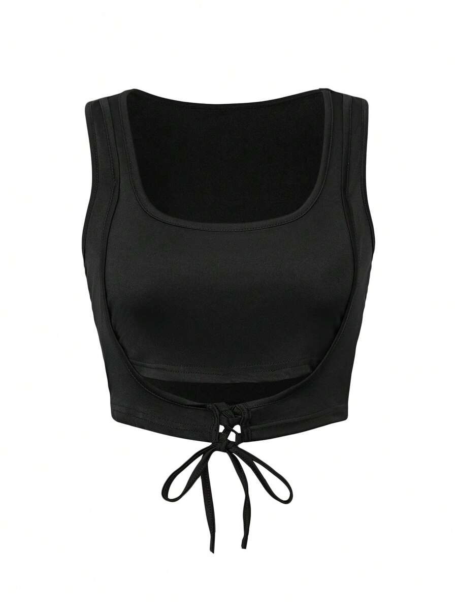 SHEIN Unity Cut Out Tie Front Tank Top - Black - View 1