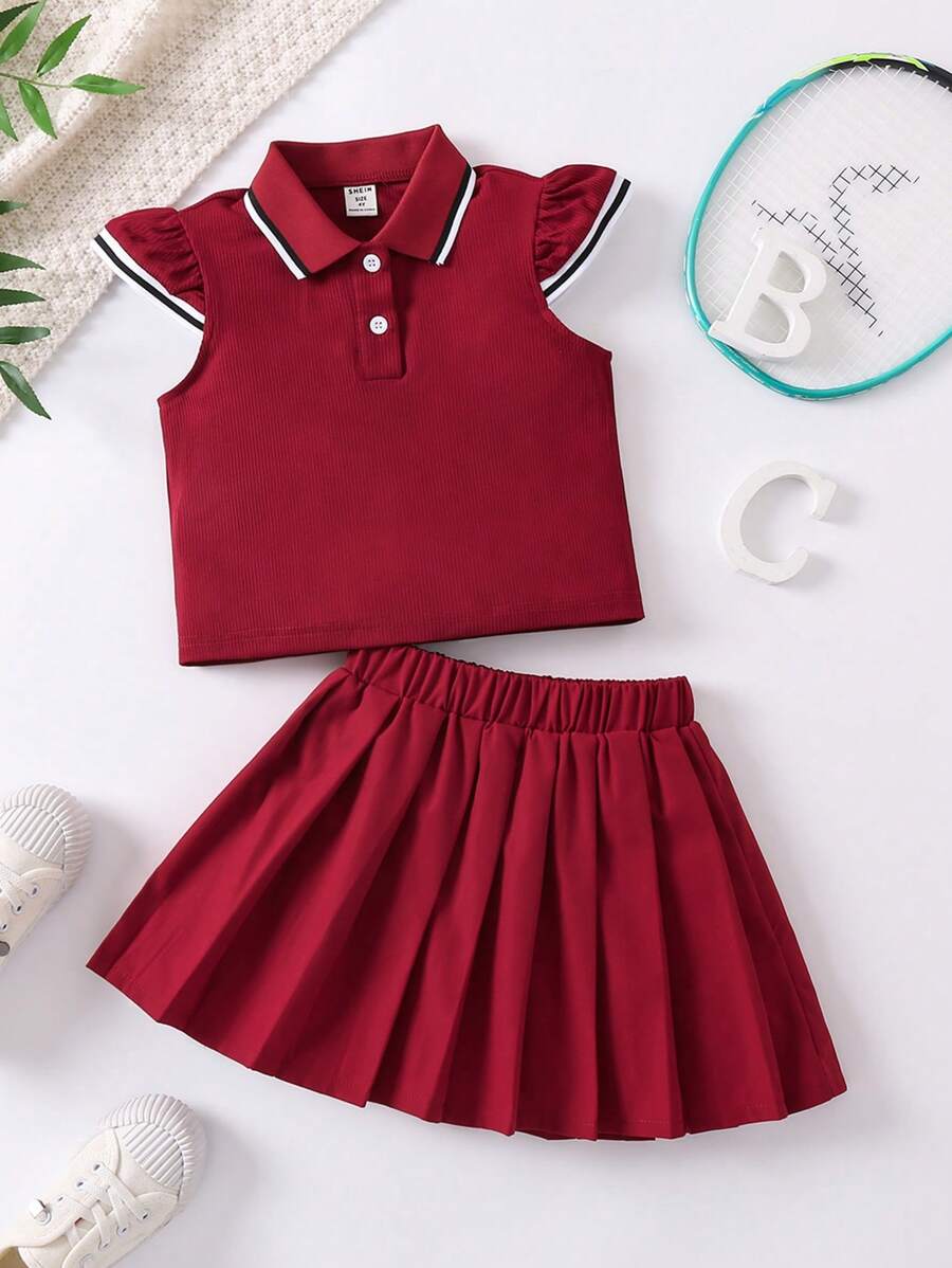 SHEIN 女小童拼接邊荷葉袖POLO衫&百褶半身裙