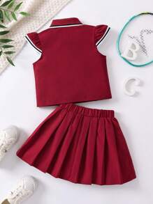 SHEIN 女小童拼接邊荷葉袖POLO衫&百褶半身裙