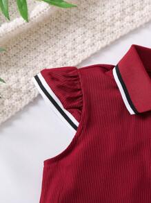 SHEIN 女小童拼接邊荷葉袖POLO衫&百褶半身裙