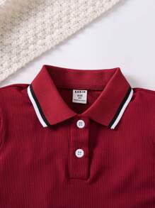 SHEIN 女小童拼接邊荷葉袖POLO衫&百褶半身裙