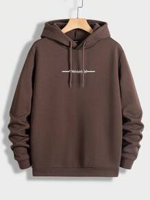 Manfinity RebelGame 男士字母圖案抽繩加絨內裏連帽衫 - 巧克力棕 - 查看 1