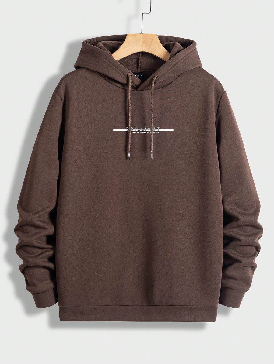 Manfinity RebelGame 男士字母圖案抽繩加絨內裏連帽衫 - 巧克力棕 - 查看 1