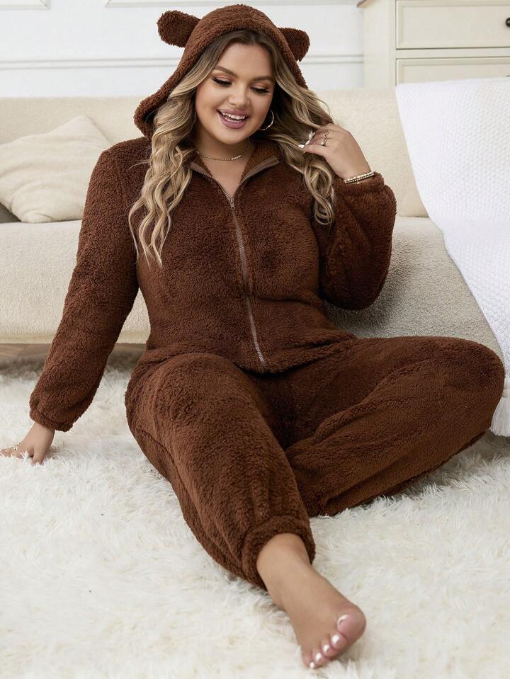 Plush bear ear hooded best sale zip front pajama romper