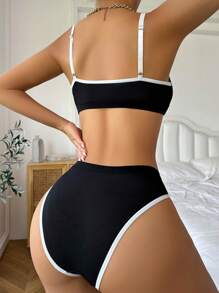 Yoga Letter Patched Contrast Binding Bra & Panty Lingerie Set - Black - View 2