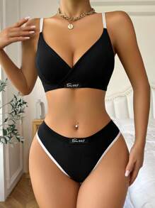 Yoga Letter Patched Contrast Binding Bra & Panty Lingerie Set - Black - View 3