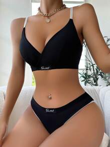 Yoga Letter Patched Contrast Binding Bra & Panty Lingerie Set - Black - View 5