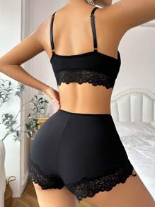 Women's Casual Black High Stretch Bra And Panty Set With Contrast Lace Detail - Black - View 2
