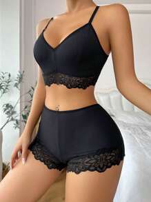 Women's Casual Black High Stretch Bra And Panty Set With Contrast Lace Detail - Black - View 4