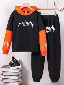 Chico preadolescente Pantalones deportivos con capucha con estampado de letra de color combinado - Negro - Ver 1