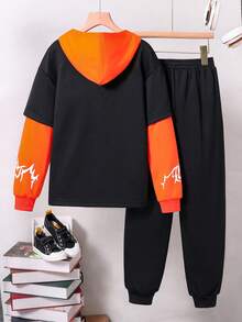 Chico preadolescente Pantalones deportivos con capucha con estampado de letra de color combinado - Negro - Ver 2